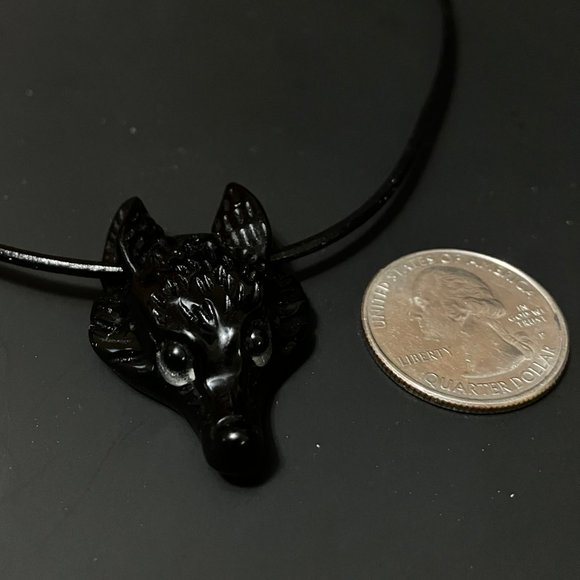 NEW Wolf Black Obsidian Gemstone hand carved Wolf Head Choker Genuine Leather - Picture 12 of 12